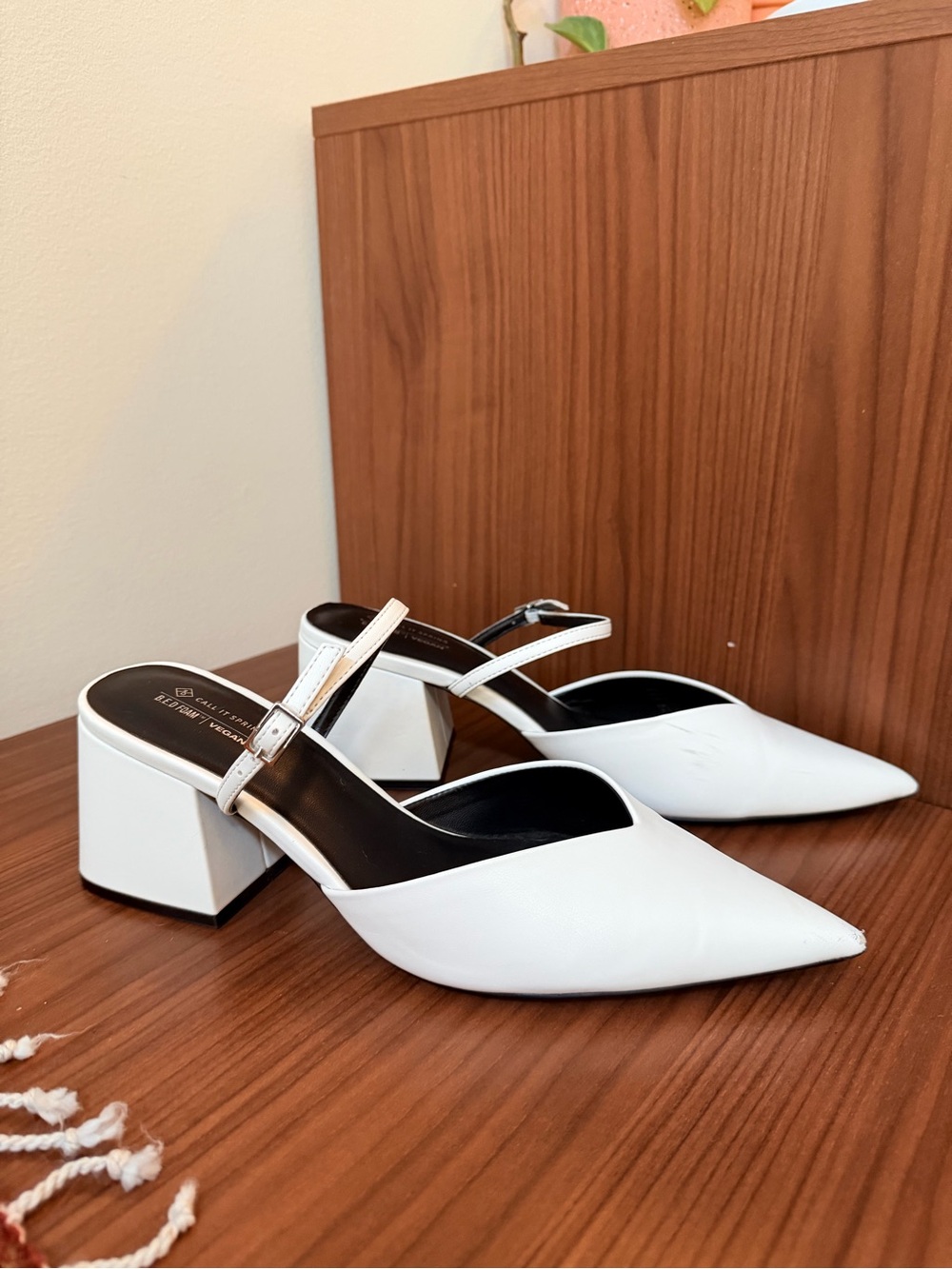Call It Spring White Pointed Slingback Block Heel Mules